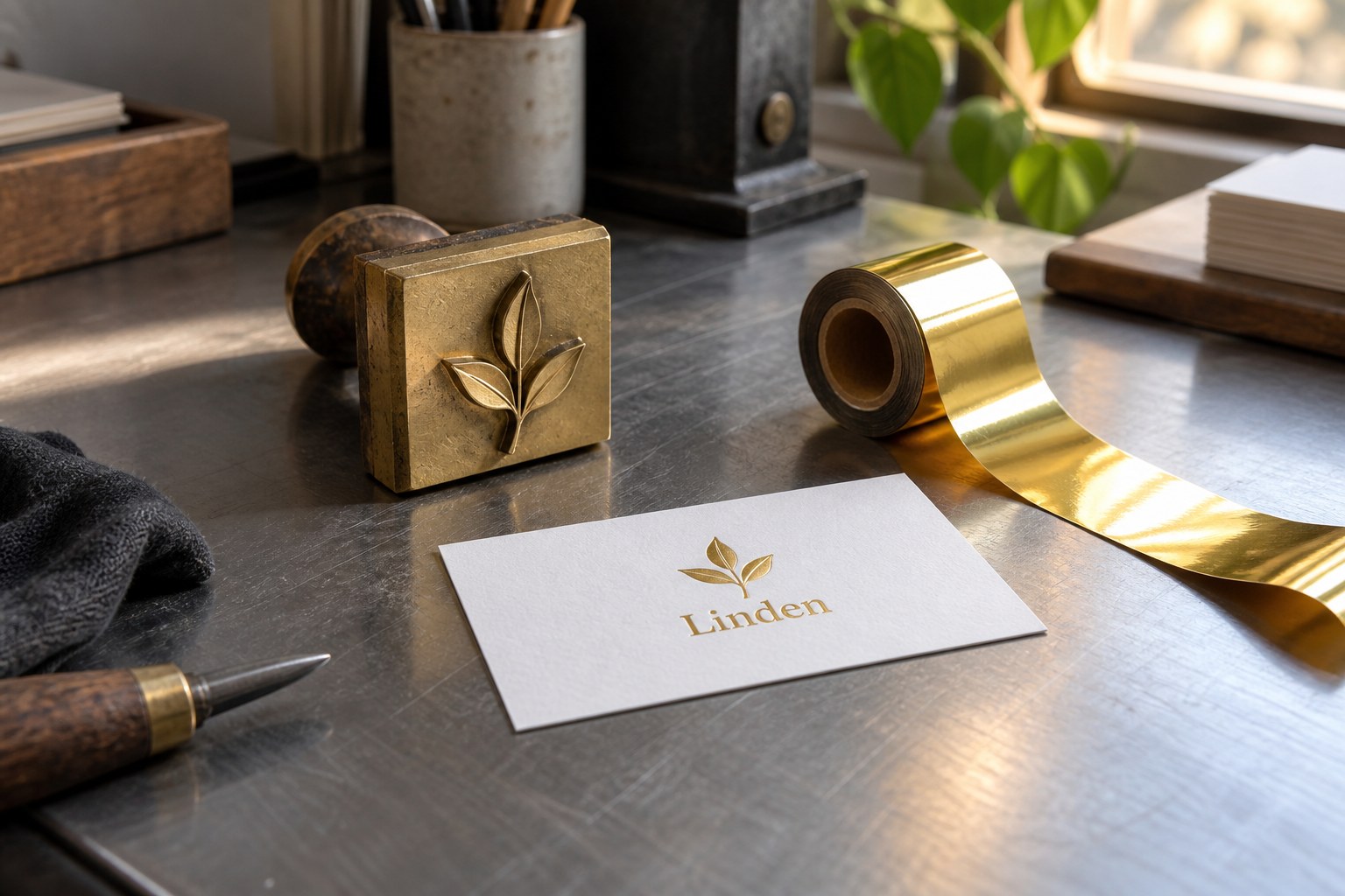 Brass stamping die with a raised three leaf sprig, a roll of gold foil film, and a white cotton card with gold leaf sprig on a steel bench.