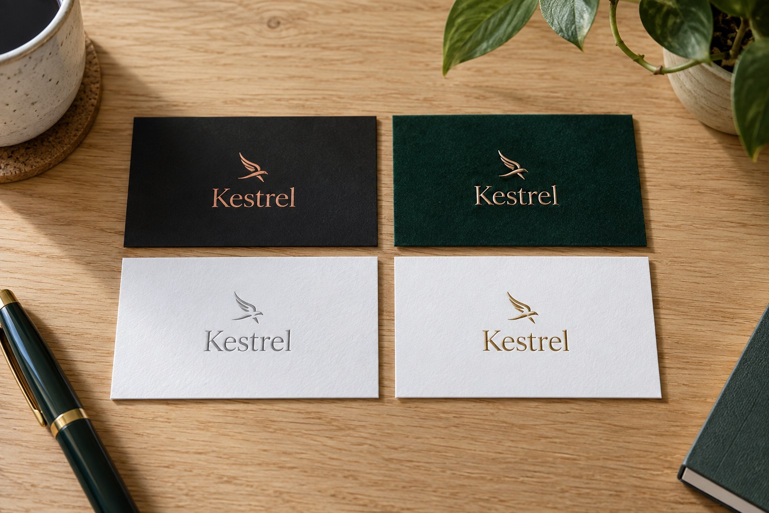 Four business cards on pale oak: copper foil on matte black, rose gold raised on green, silver pressed on white, and gold raised on white.