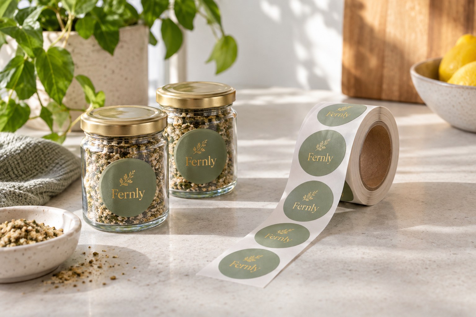 Roll of round sage green labels with gold foil leaf sprig and a name, on pale stone bench with labelled glass jars, herbs, cloth and lemons.