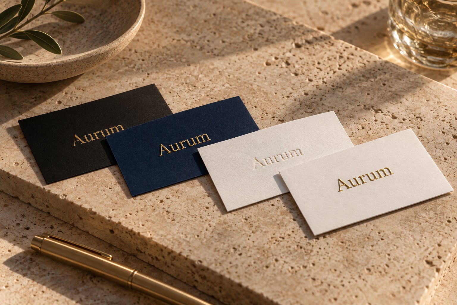 Four business cards fanned on a warm travertine plinth in low sunlight, showing gold finishes on matte black, navy textured, and white cotton stock.