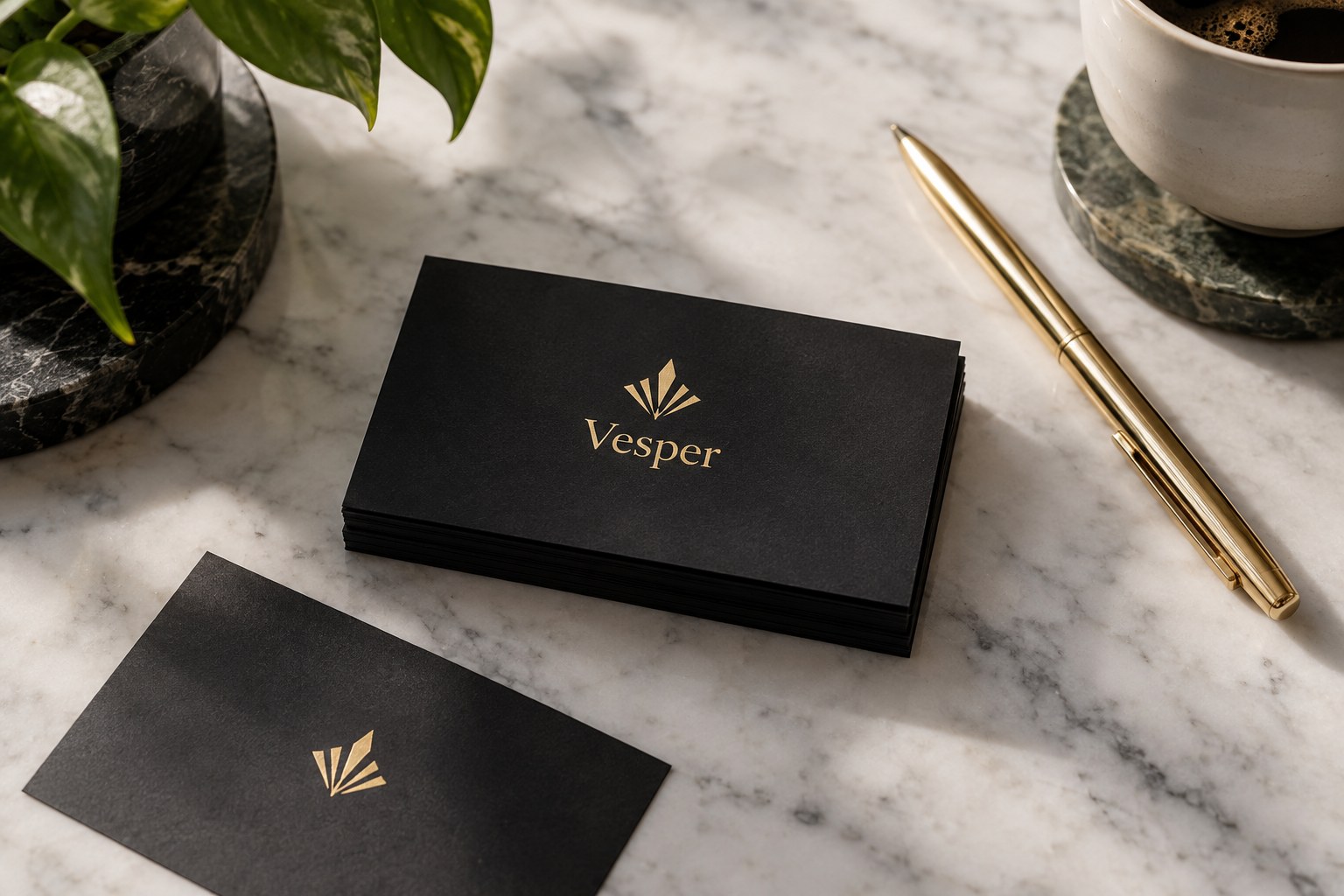 A neat stack of matte black business cards on white marble, with a gold foil fan shaped geometric motif on the top card.