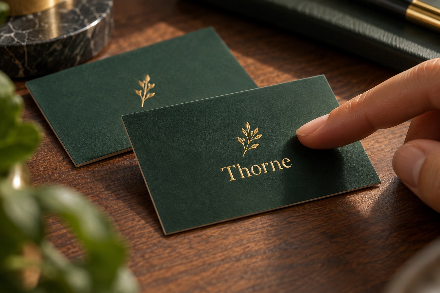 Two deep forest green soft textured cards on dark walnut in strong side light, each with a gold foil leaf sprig and a fingertip touching one.