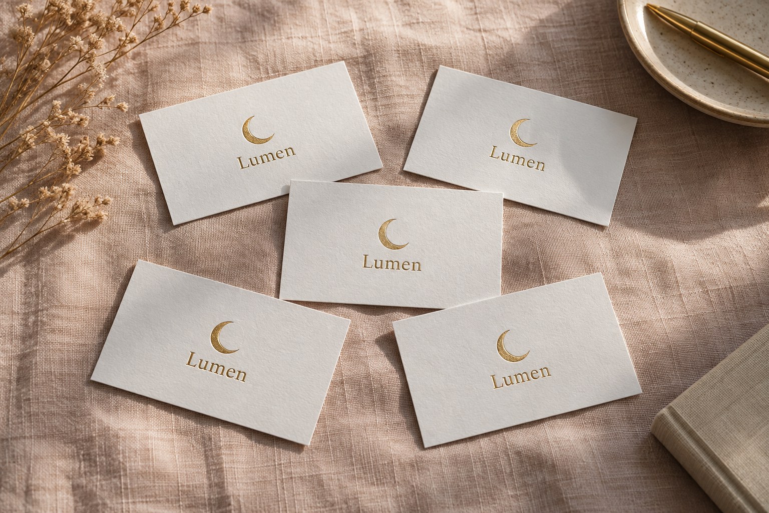 Five white cotton business cards scattered on blush pink linen, each with a raised gold foil crescent moon.