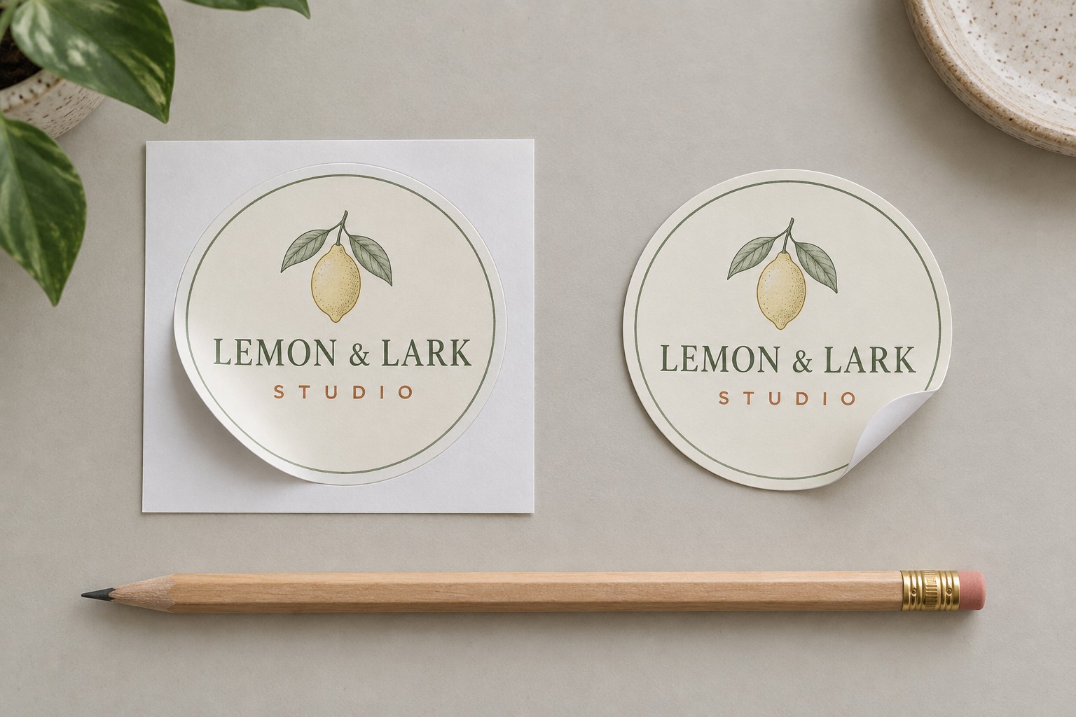 Illustration of a round sticker on a square paper backing sheet beside the same die-cut sticker with one edge up, on a desk with pencil and plant