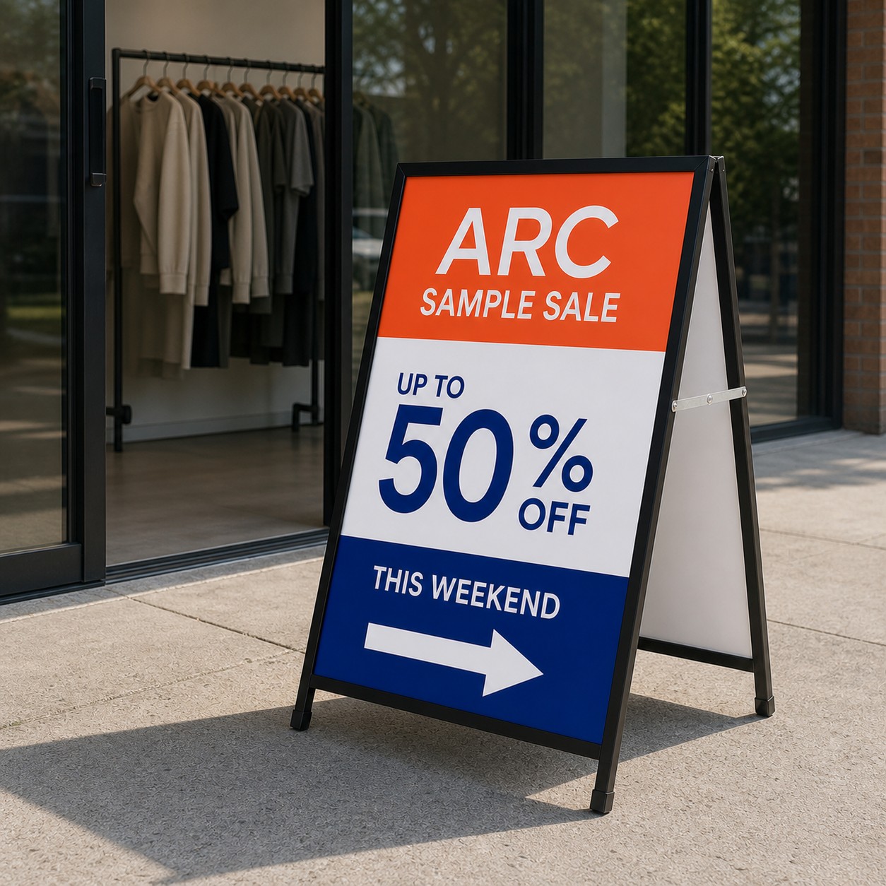 A-frame sign with laminated orange, blue and white panel, black steel frame and support strut, outside glass shopfront doors.