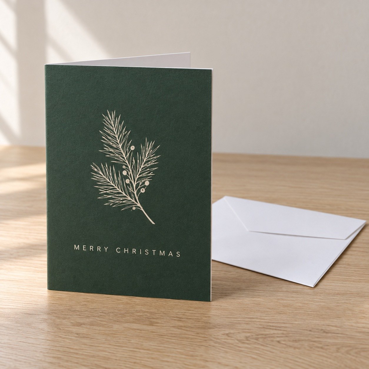 Folded A6 corporate Christmas card slightly open on pale oak desk, cream fir sprig front, plain white envelope behind