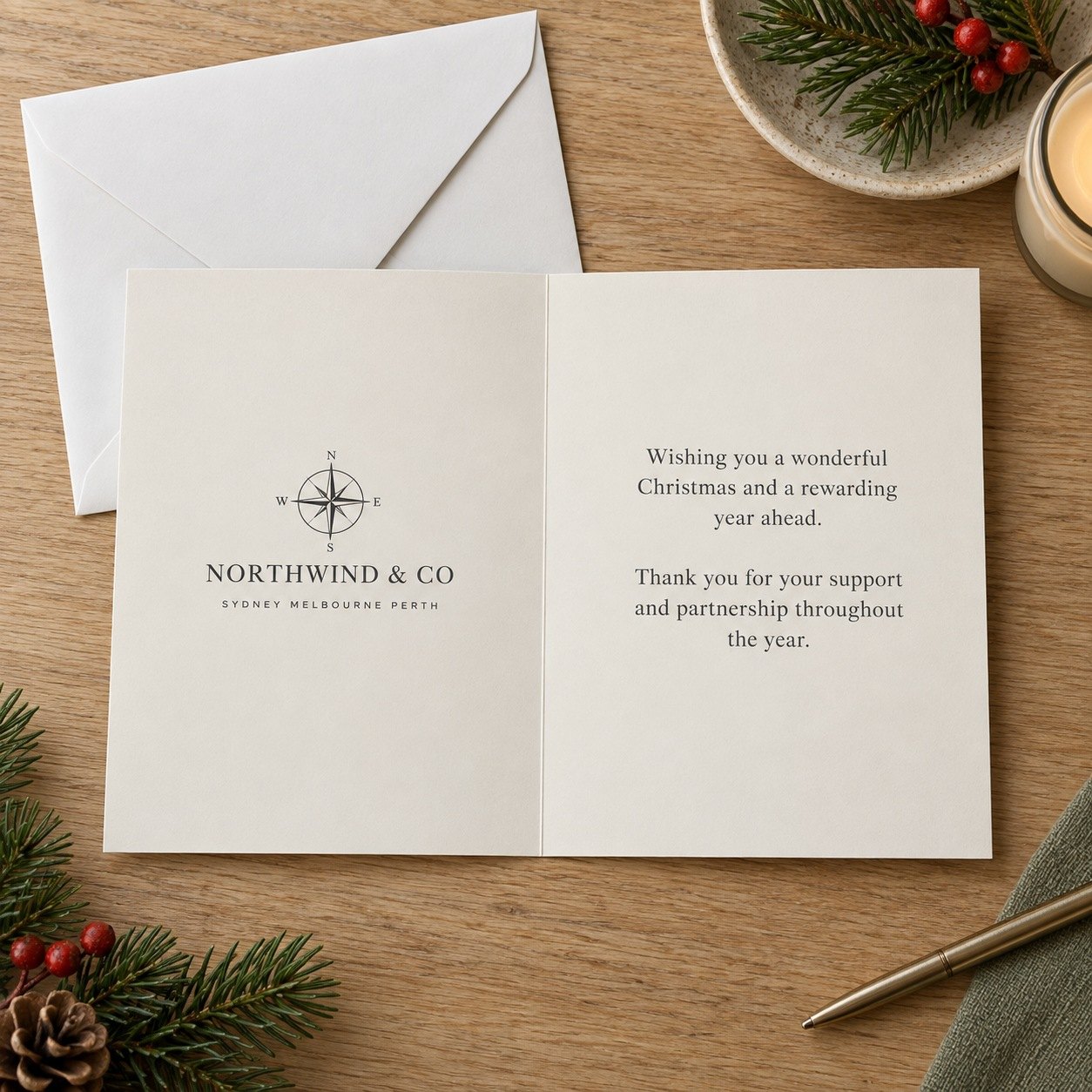 Inside of a corporate Christmas card open flat, charcoal compass glyph and company name on left, centred greeting on right