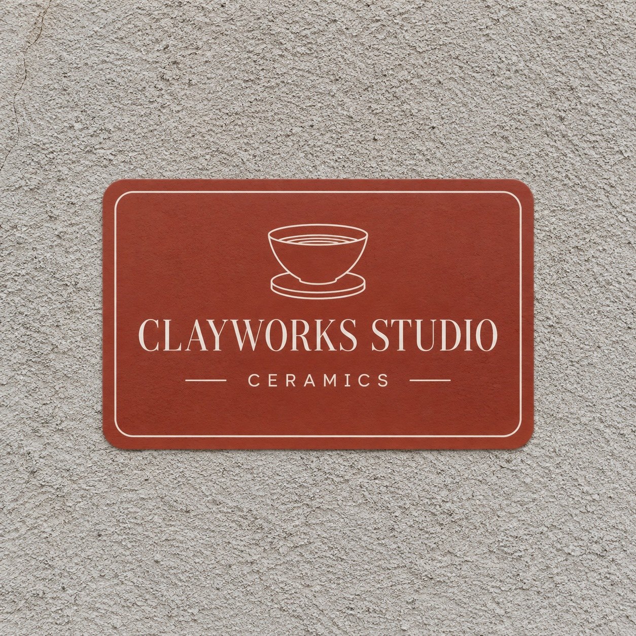 Rounded rectangle high tack sticker in deep clay red with cream serif capitals flat on sand grey cement render wall