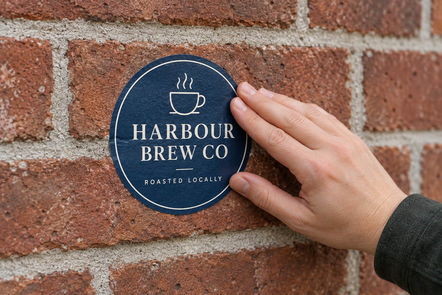Hand pressing round deep blue high tack sticker with cream serif capitals flat onto red brick wall with grey mortar joints