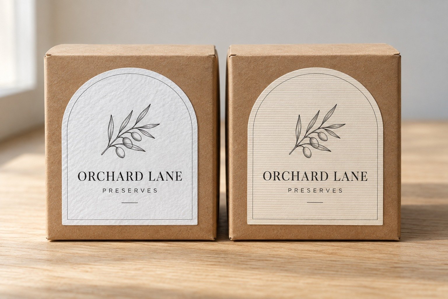 Two identical kraft brown gift boxes with textured stickers, one white felt label and one cream linen label on pale oak table