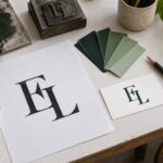 White desk with an artwork proof showing a black EL monogram, a cotton card with the same dark green monogram, and a fan of green swatches.