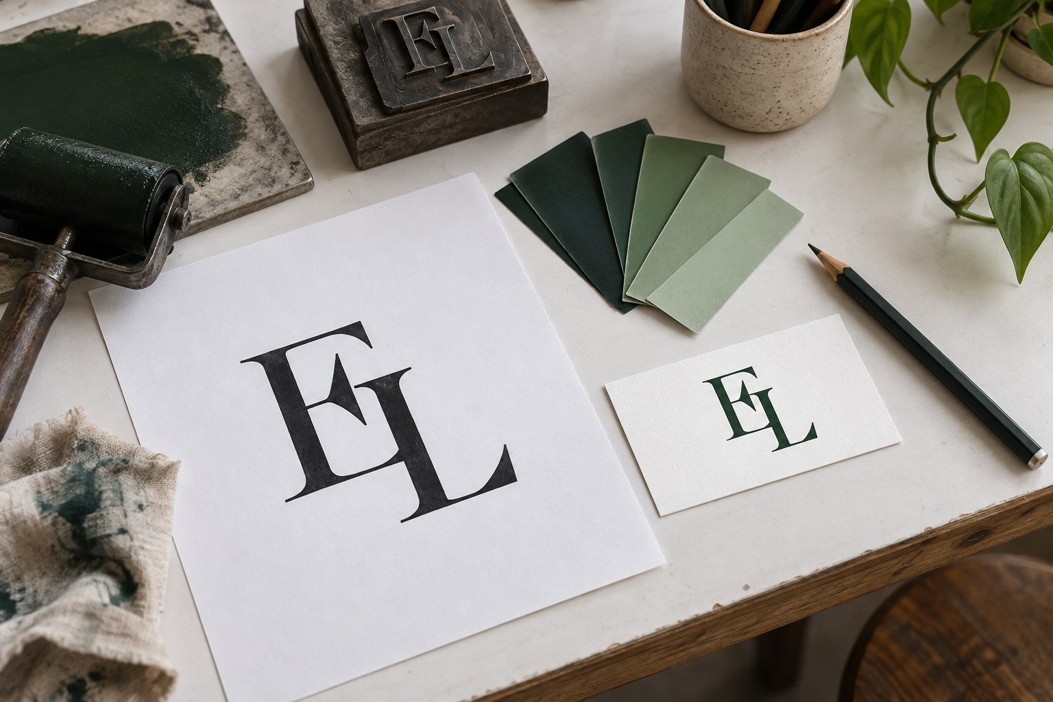 White desk with an artwork proof showing a black EL monogram, a cotton card with the same dark green monogram, and a fan of green swatches.