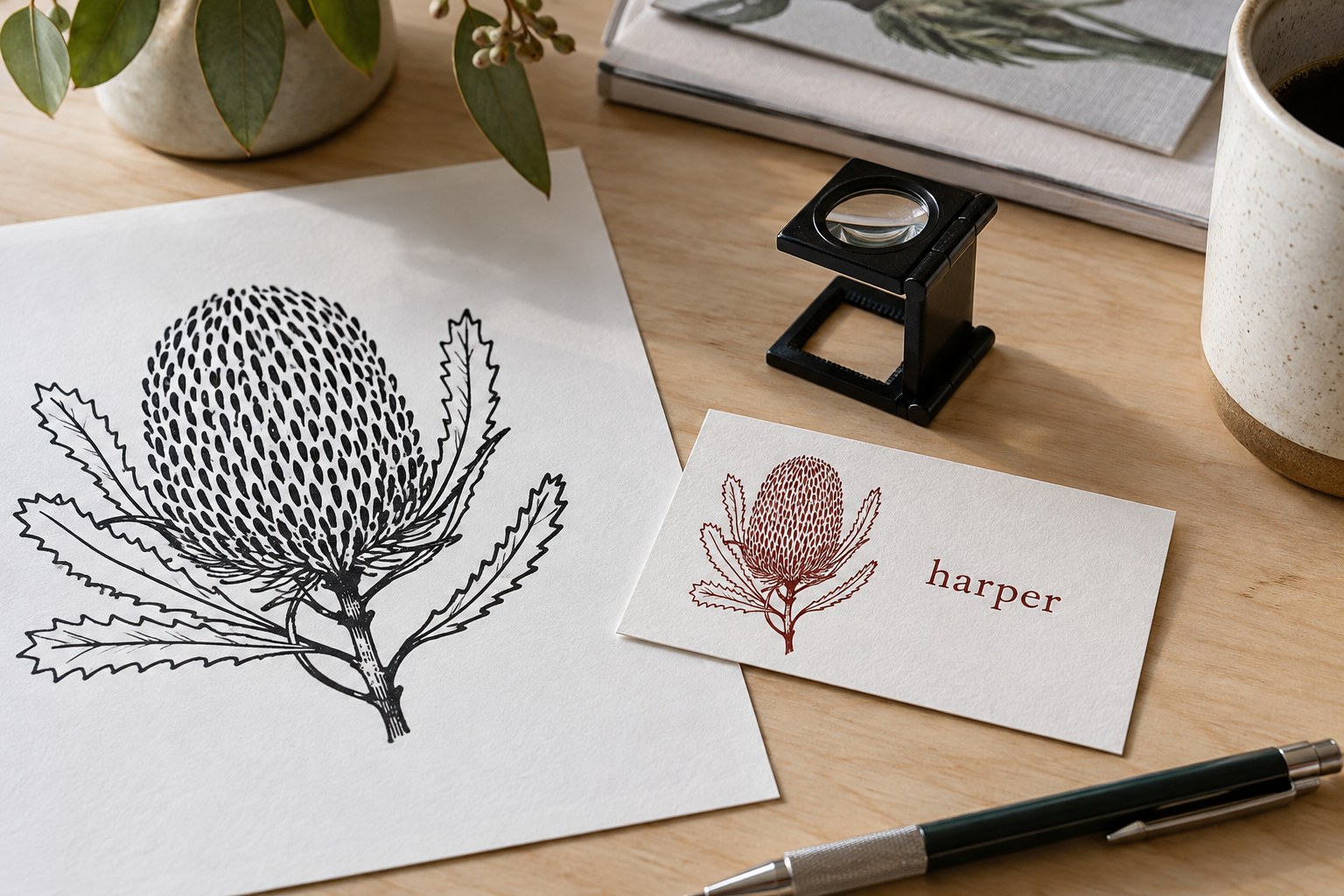 Birch desk with a printed black banksia illustration on paper beside a cotton card showing the same banksia in deep red ink, with a loupe and pencil.