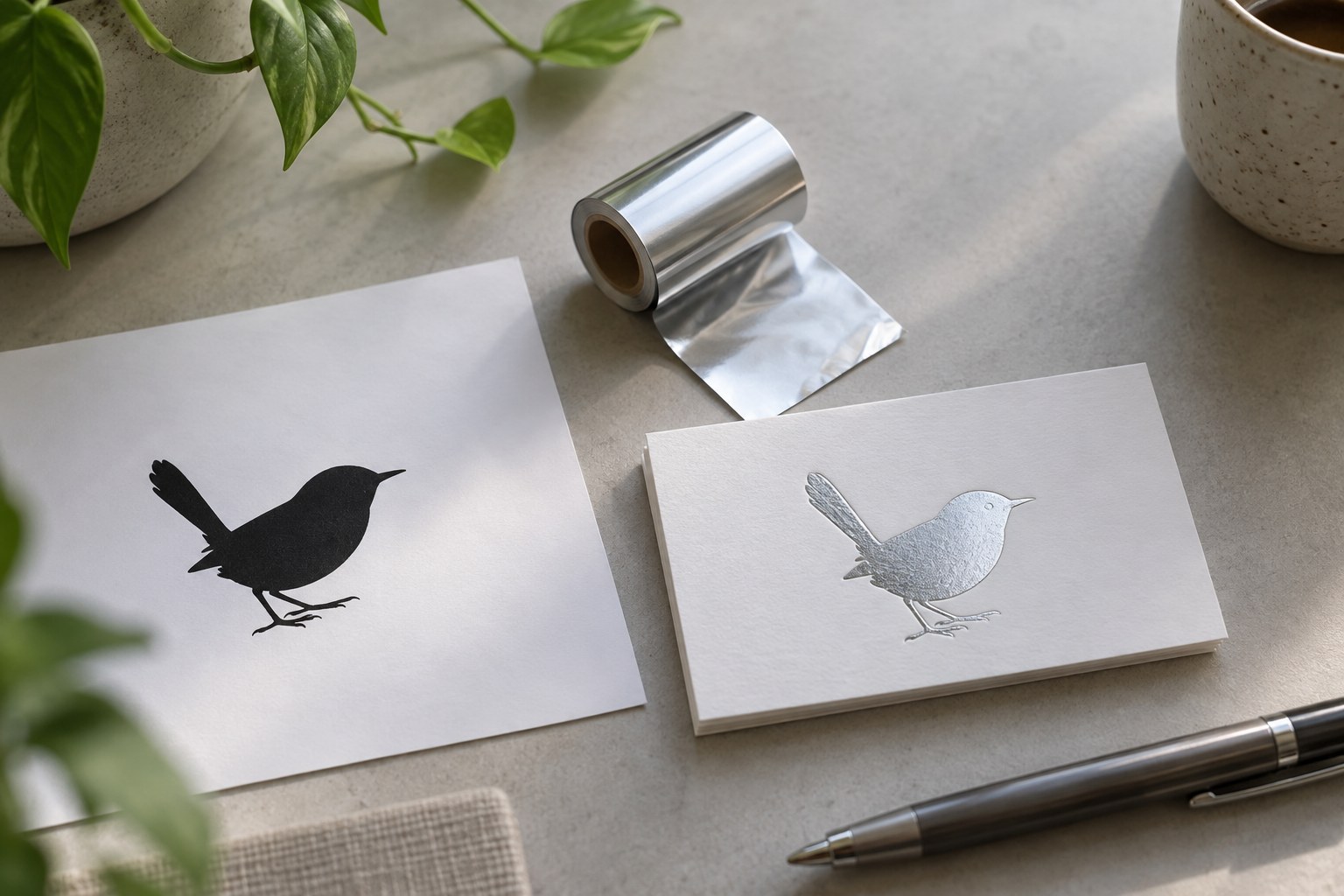 Grey desk with a printed black wren silhouette beside white cotton cards, the top card showing the same wren in silver foil, and a roll of foil film.