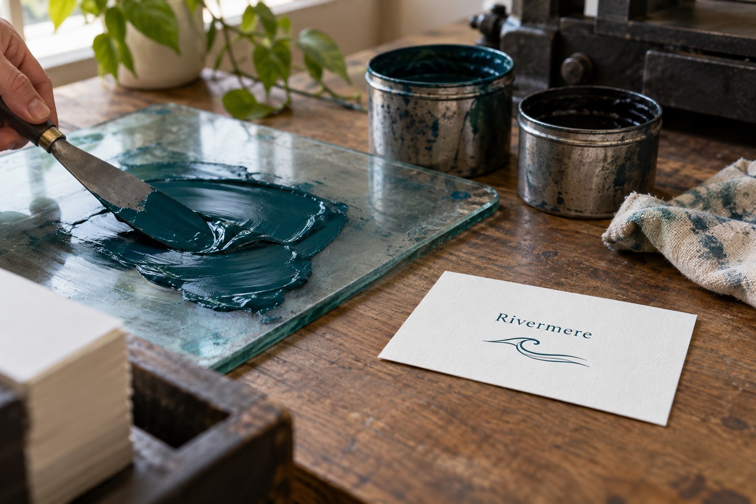 Ink bench with a hand spreading deep teal ink on a glass slab, two metal tins, a stained cloth, and a white cotton card with a teal wave line motif.