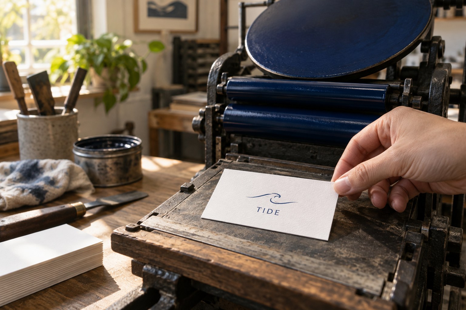 A hand lifts a white cotton business card with a blue wave line from a vintage black platen press with navy inked rollers and brushes nearby.