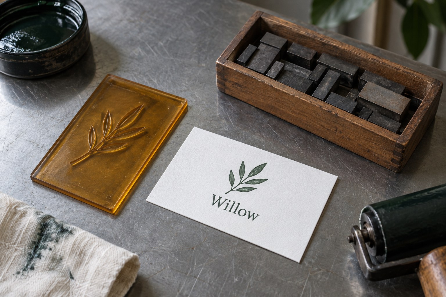 Amber translucent printing plate with raised leaf sprig on steel bench beside wooden tray of metal type blocks and cotton card with green leaf sprig.