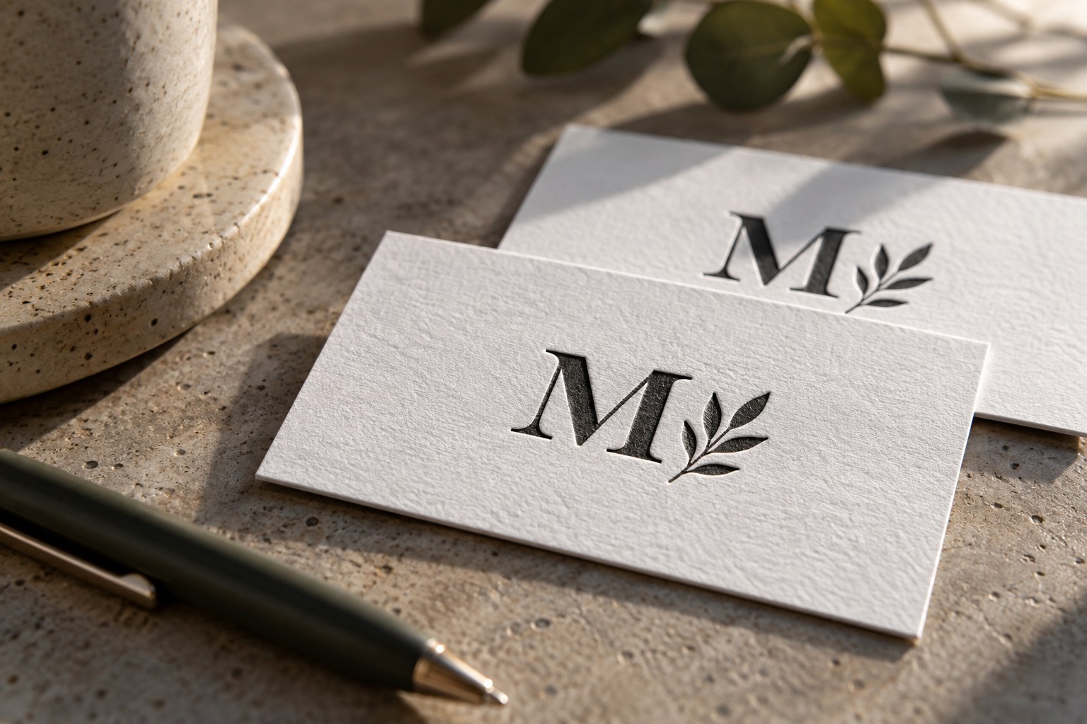 Two white textured cotton business cards with black pressed serif letters and leaf sprigs on speckled stone, deep impressions shadowed in warm light.