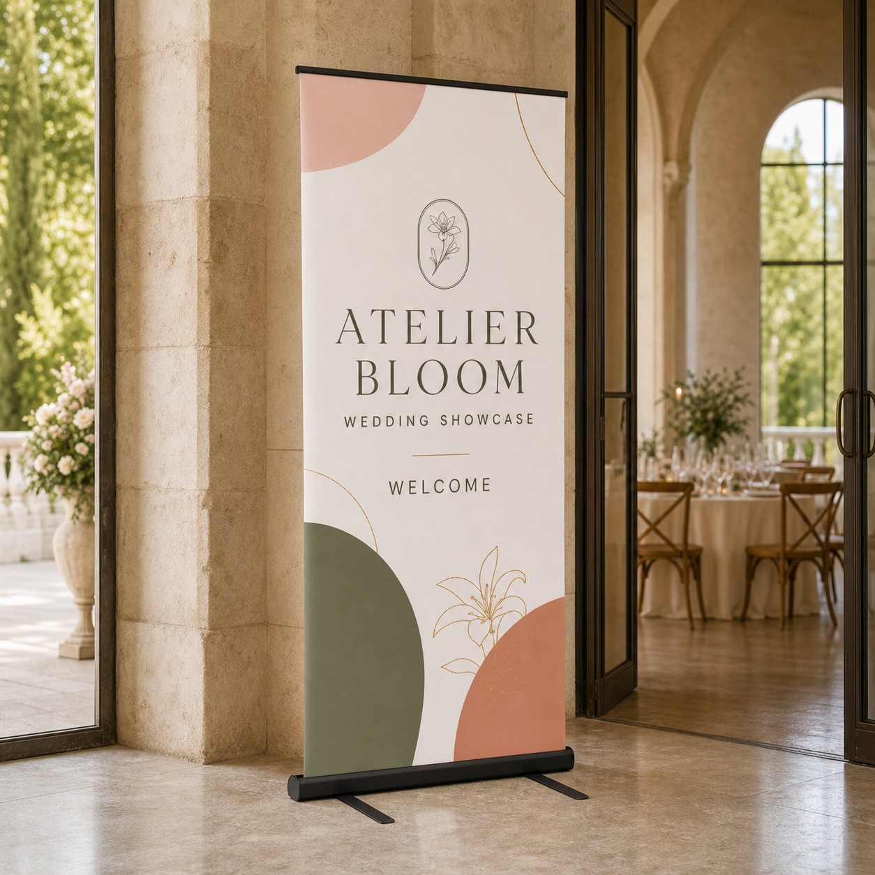 Pull up banner portrait with cream, pale rose, olive and terracotta print, silver anodised cassette base in a venue foyer with glass doors.