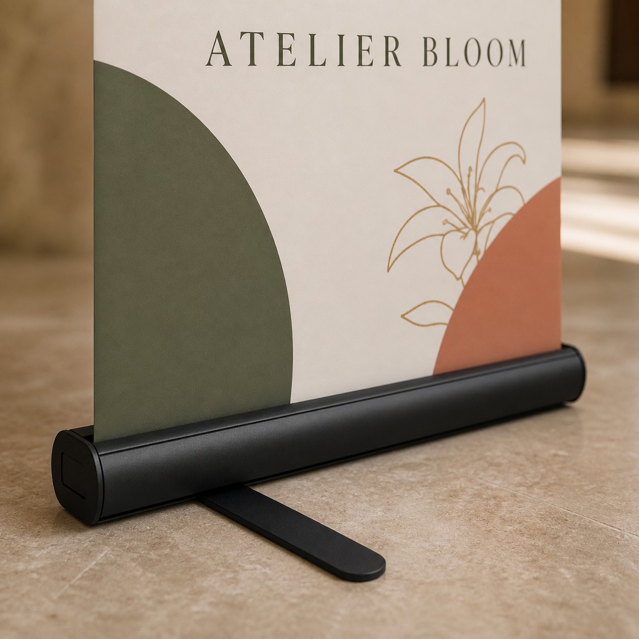 Pull up banner close up with cream, pale rose, olive and terracotta print on black cassette base with fold out feet and telescopic pole.