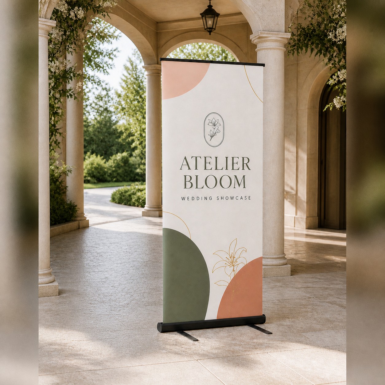 Pull up banner with cream, pale rose, olive and terracotta print, silver anodised cassette base at a stone colonnade entrance, full view