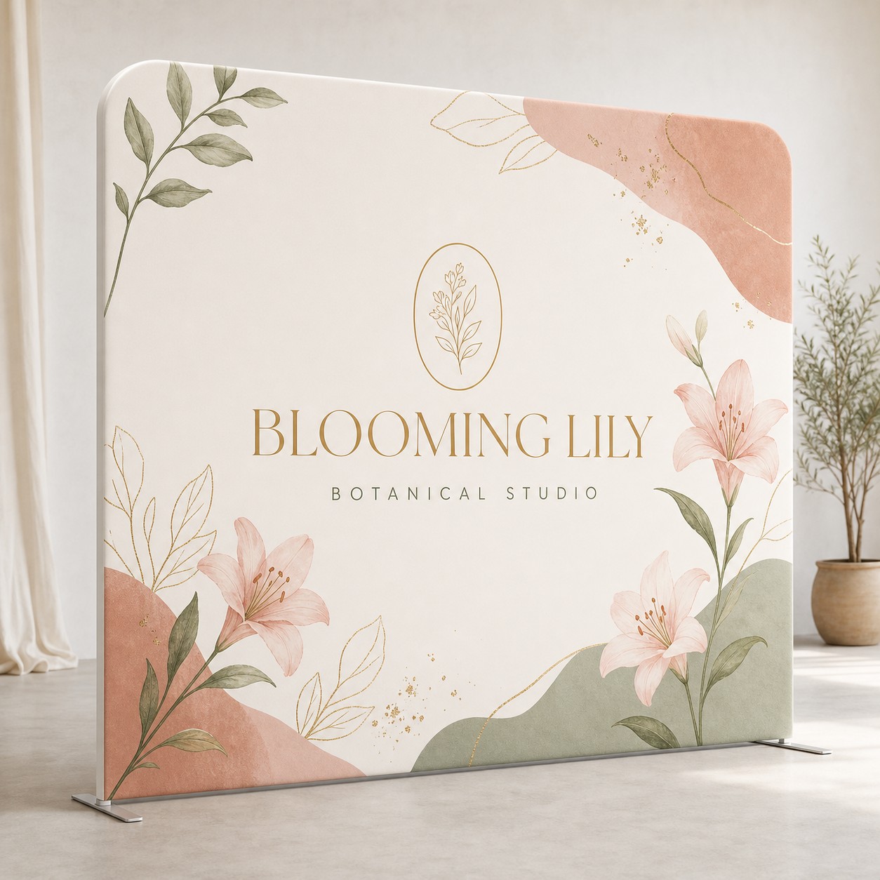 Freestanding stretch fabric media wall with rounded top corners and flat metal feet, printed with peach and sage florals and gold botanical lettering.