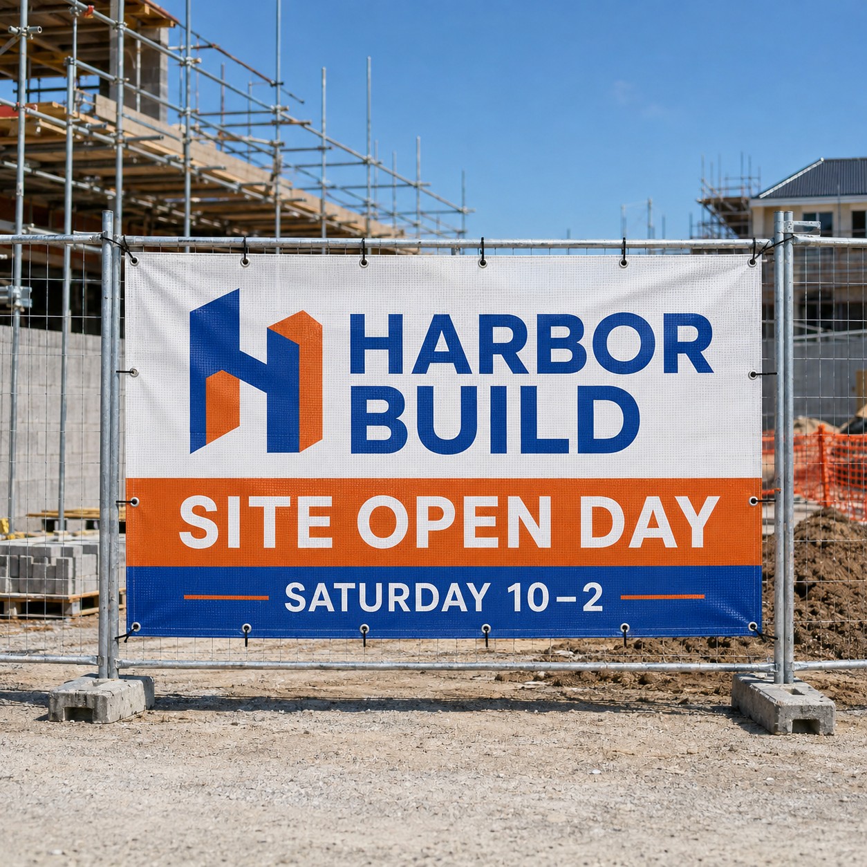 Mesh banner with visible perforated weave, white, blue and orange print, cable tied to a fence frame at a construction site with scaffolding