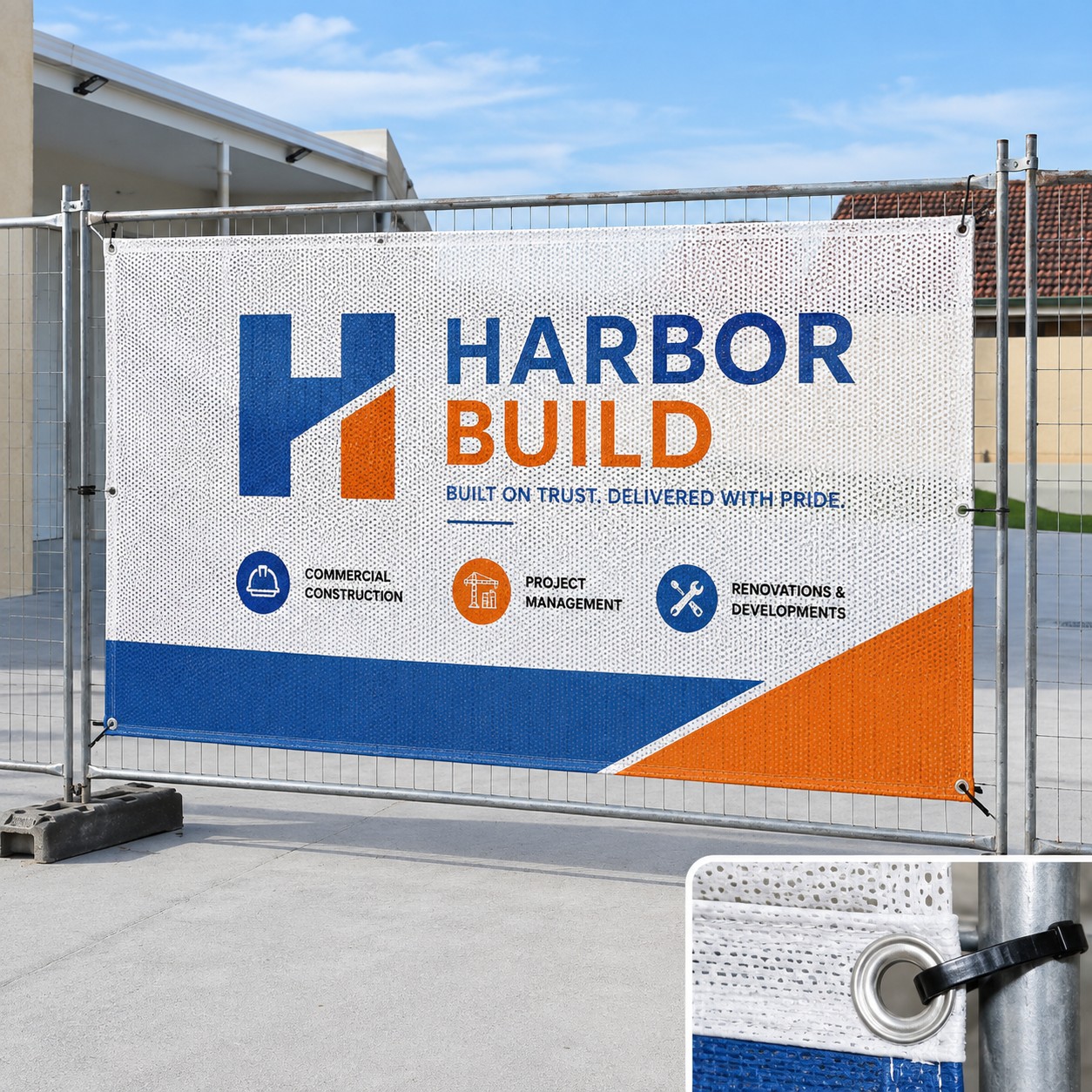 Mesh banner close up with white, blue and orange print, perforated weave, eyelet with cable tie and metal fastener at construction site.