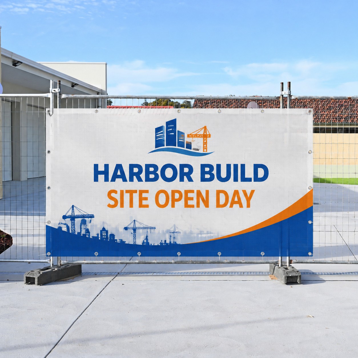 Mesh banner with white, blue and orange print, perforated weave, cable tied through eyelets to fence at construction site with scaffolding.