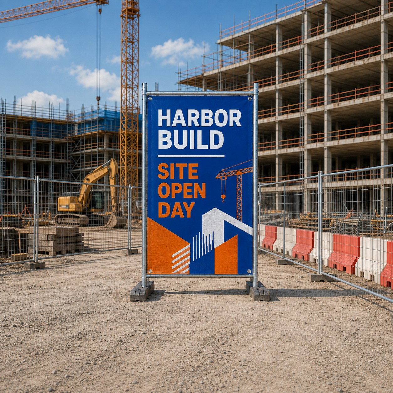Mesh banner 1600 x 2400 mm with blue and orange print, eyelets, tied to temporary fence panel, construction site with cranes and excavator