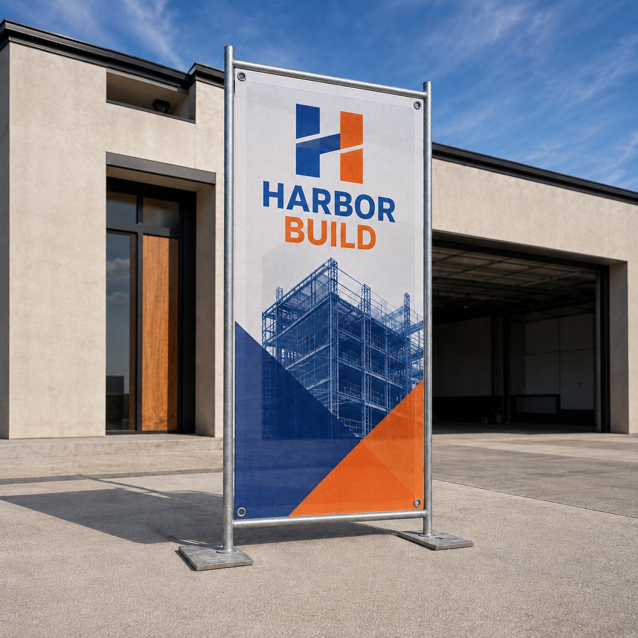 Mesh banner with blue and orange print, corner eyelets, fixed to a galvanised steel frame outside a warehouse with open roller door