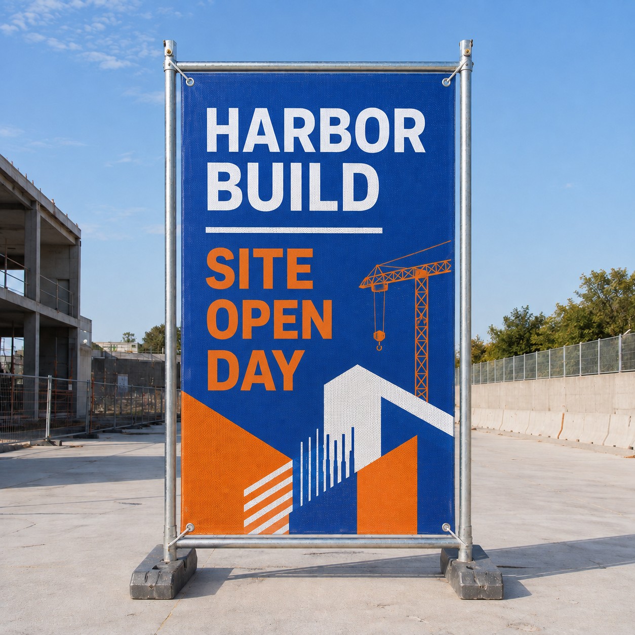 Mesh banner 1600 x 2400 mm with blue and orange print, eyelets, cable tied to galvanised temporary fence frame, construction site behind