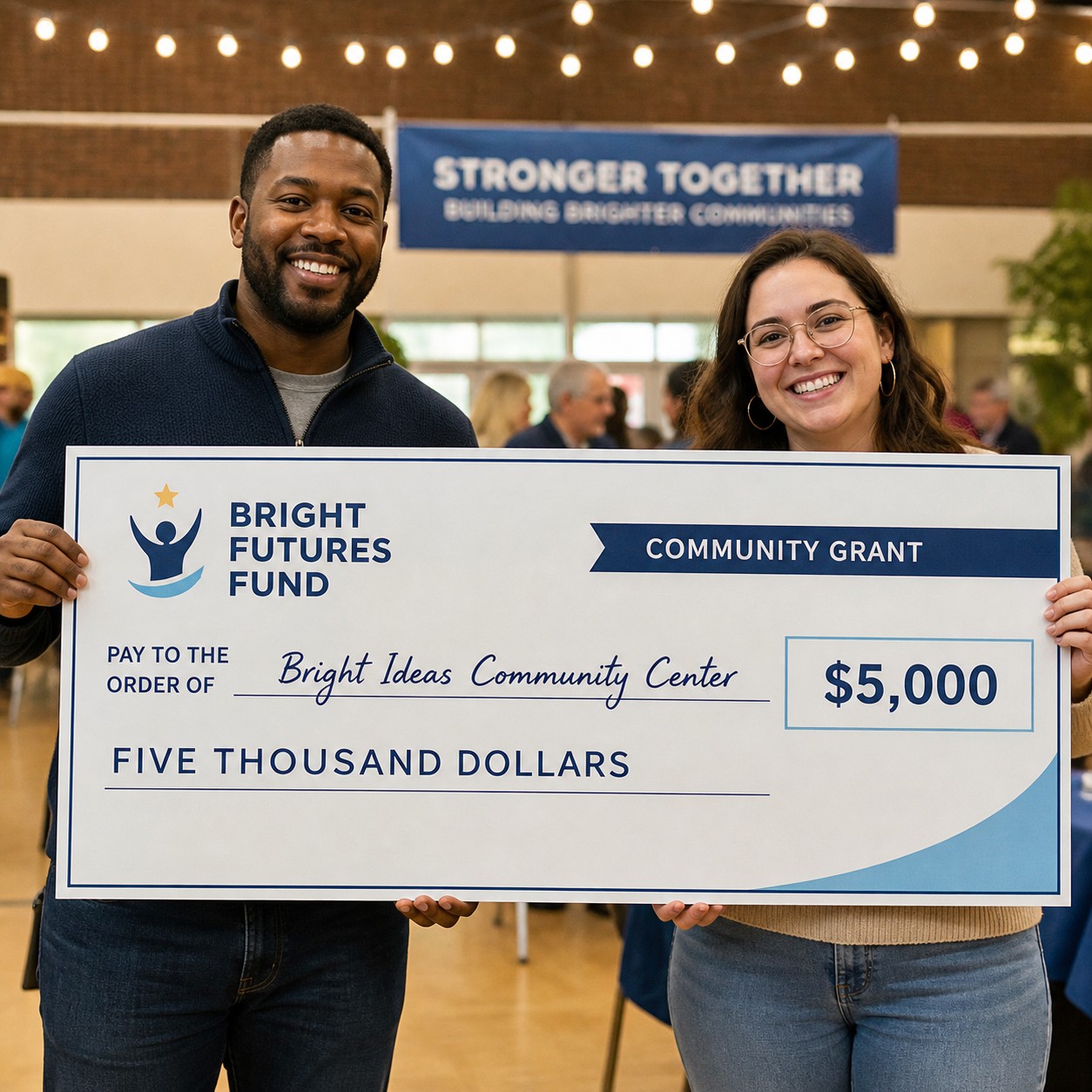 Novelty cheque held by two people at an event with dark blue and light blue print on cream board, ruled lines and boxes, brick wall behind.