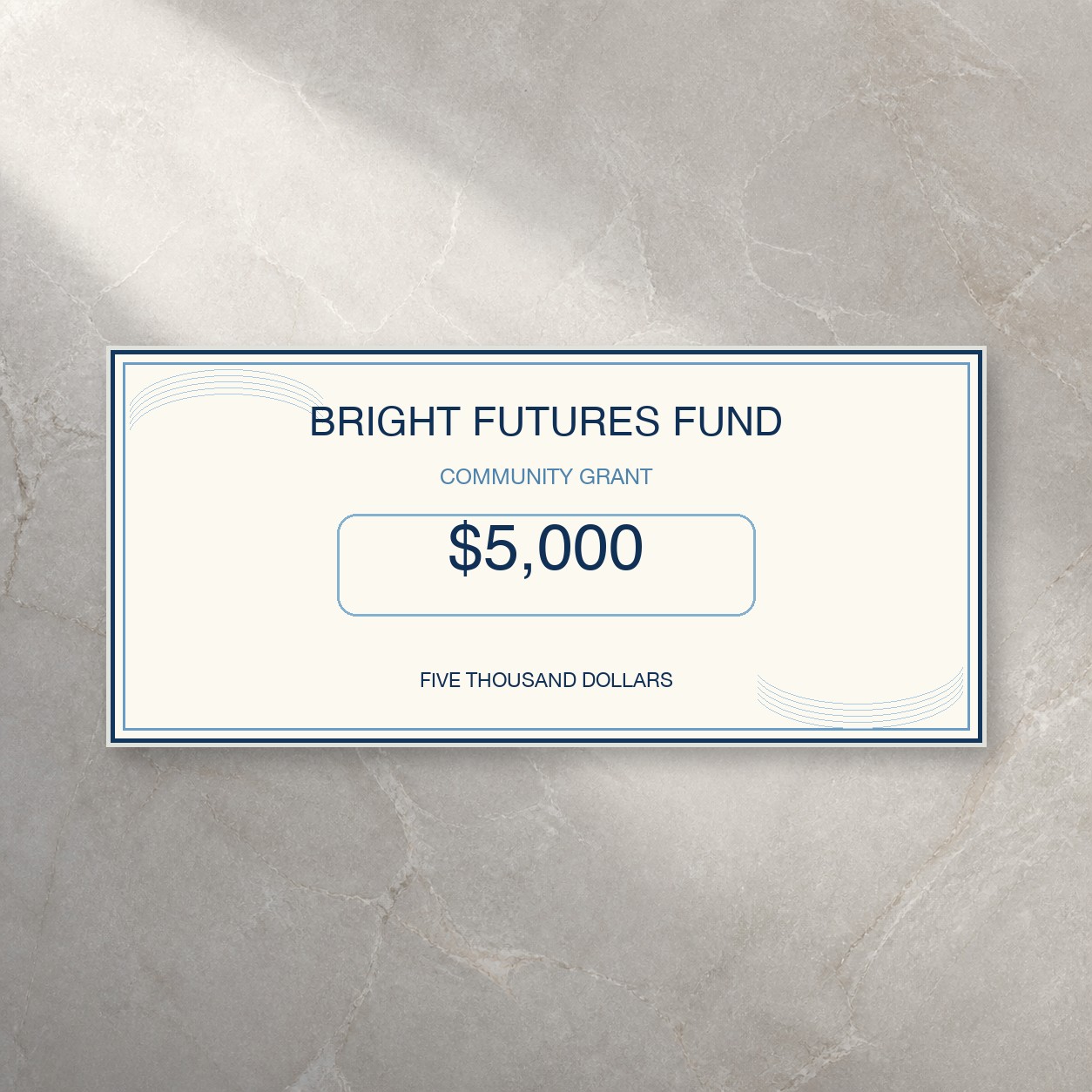 Novelty cheque, landscape rectangle with cream dark blue and light blue print ruled lines and boxes on rigid matte board, studio background.