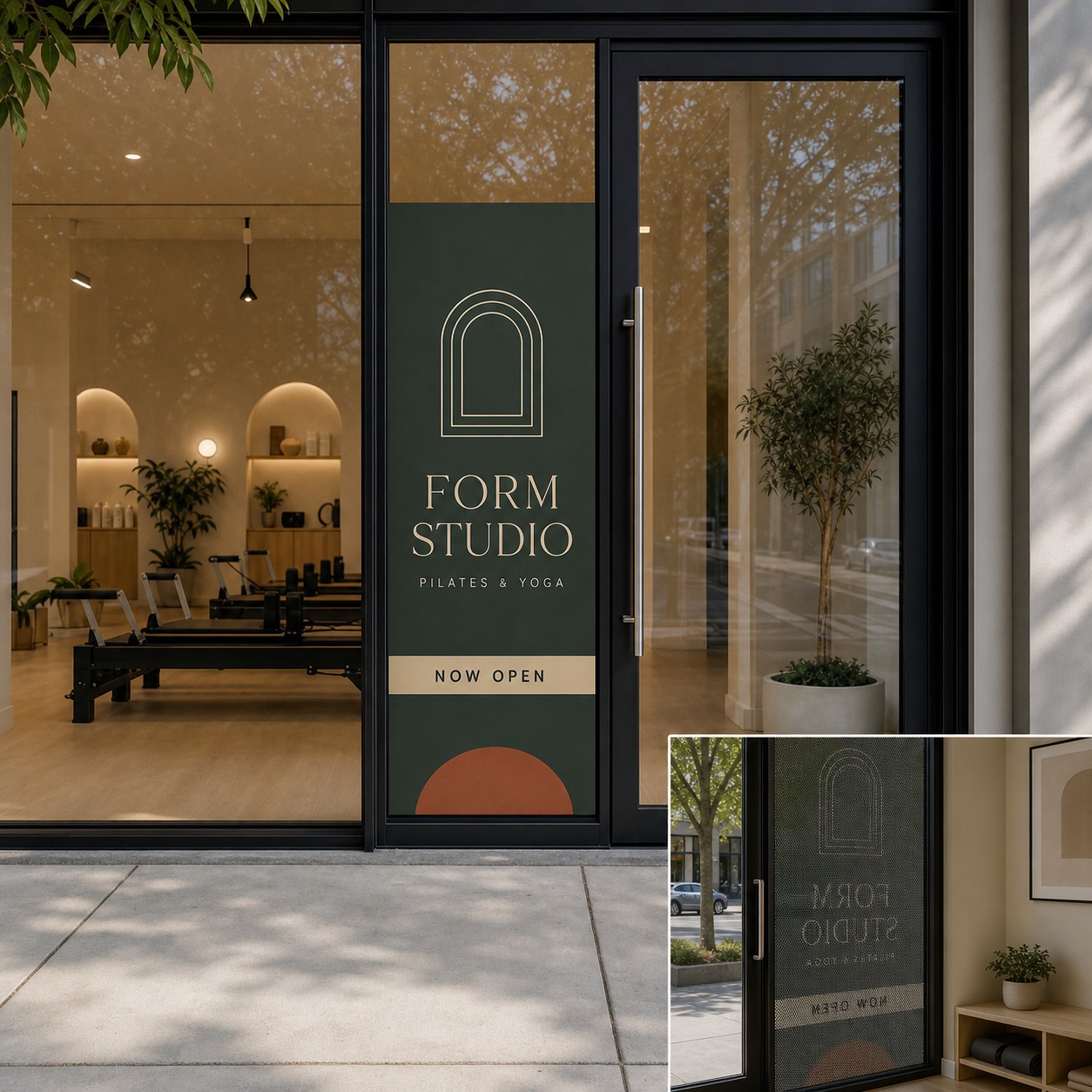 One way window film on a shopfront glass door with forest green, cream and rust orange print, street view with plants and interior visible