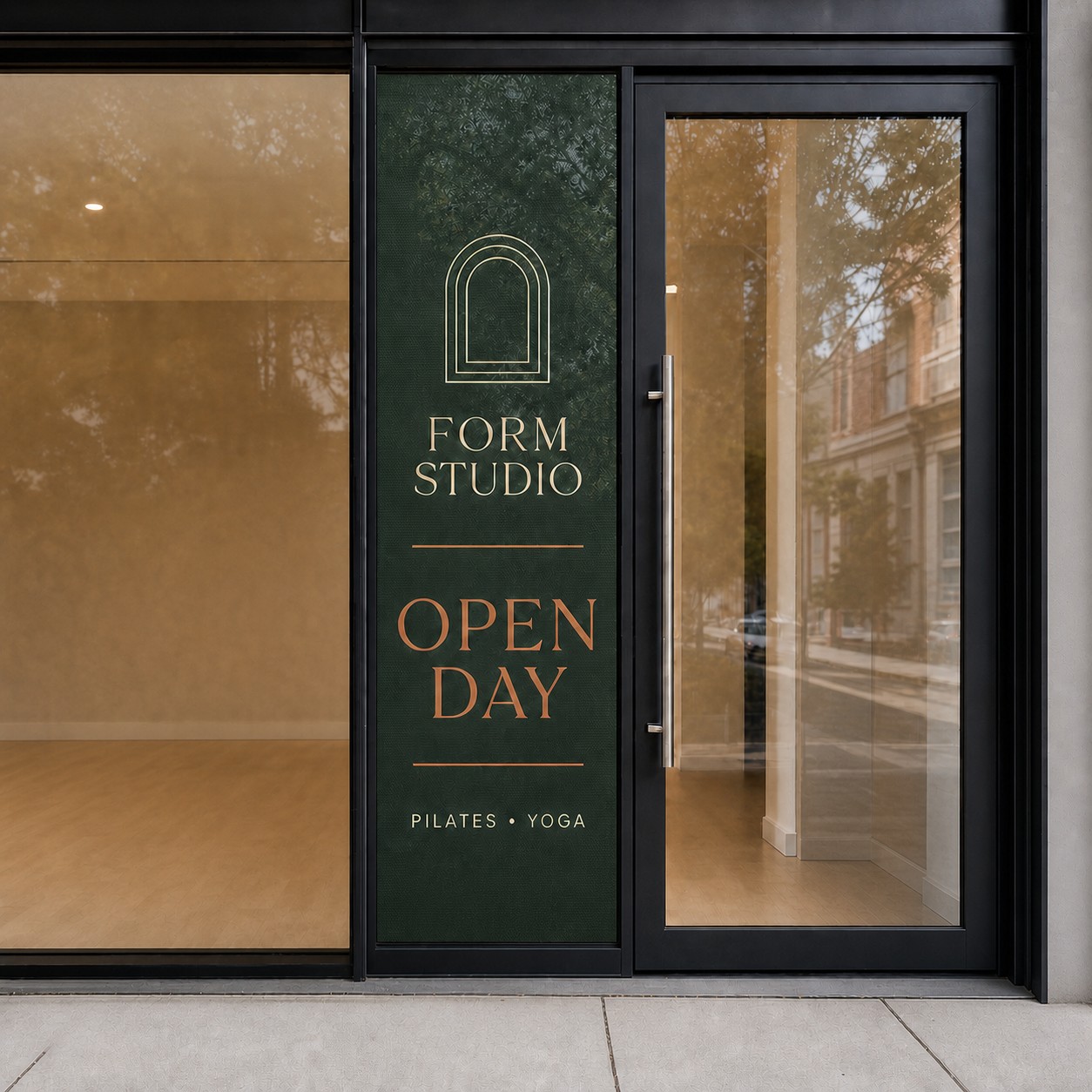 One way window film portrait panel on shopfront glass with forest green and cream print, visible perforations and tree shadows.