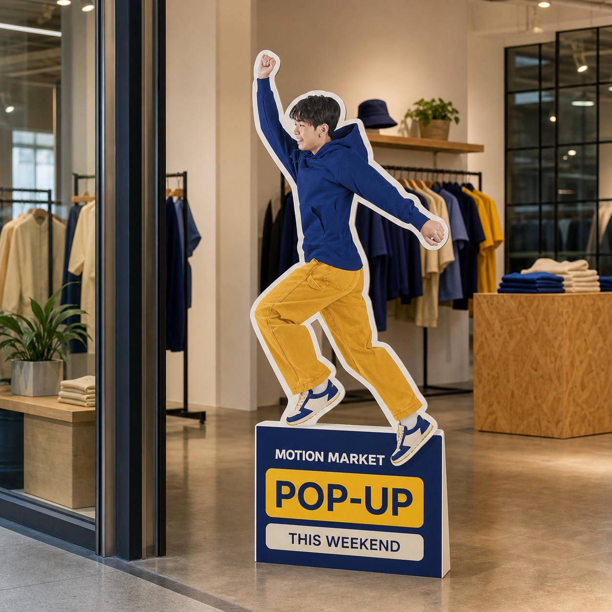 Point of sale standee with contour cut, white yellow and dark blue print on rigid board, in retail with clothing rails, shelving and plants.