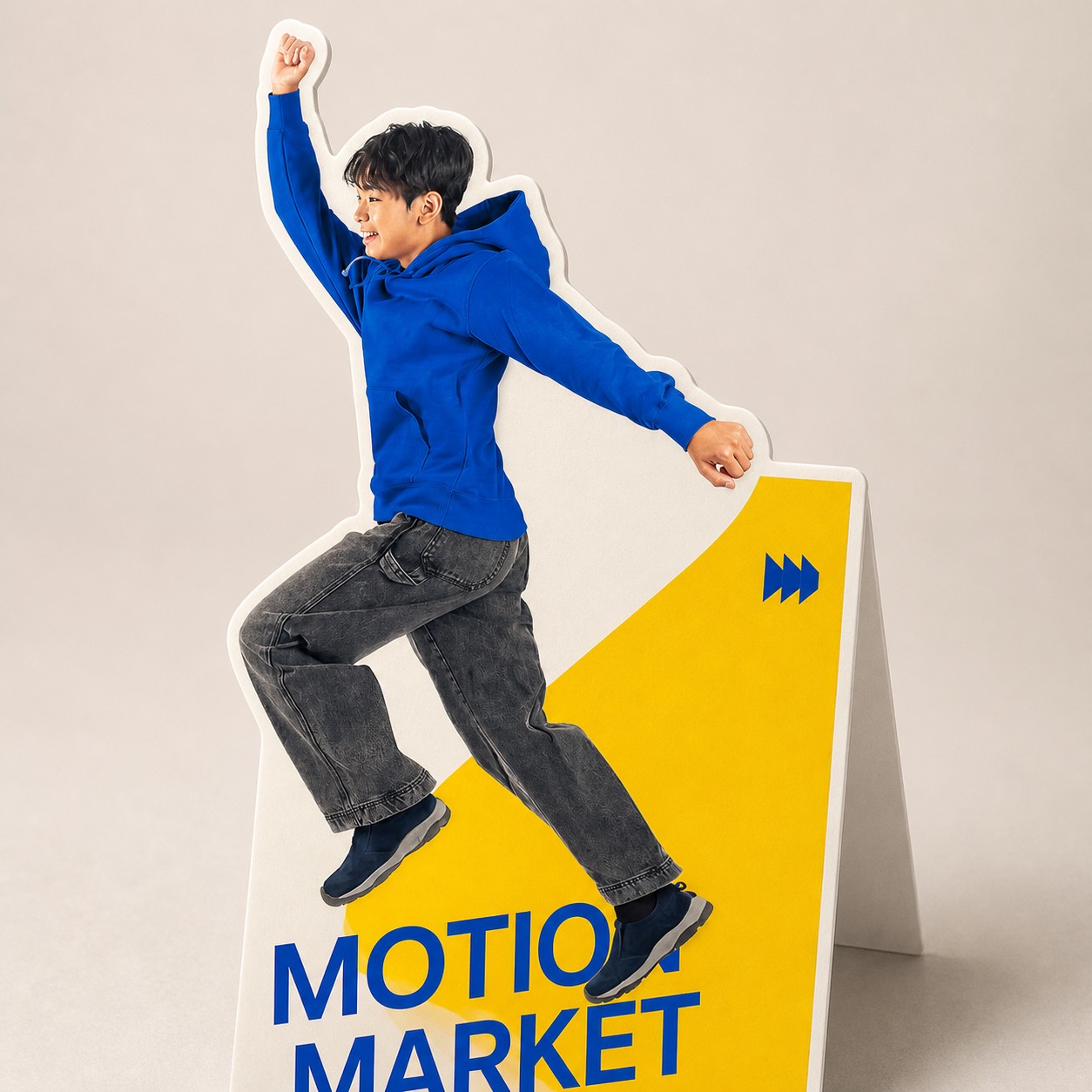 Point of sale standee detail with contour cut, white yellow and dark blue print on rigid board, easel strut open at back, studio background.