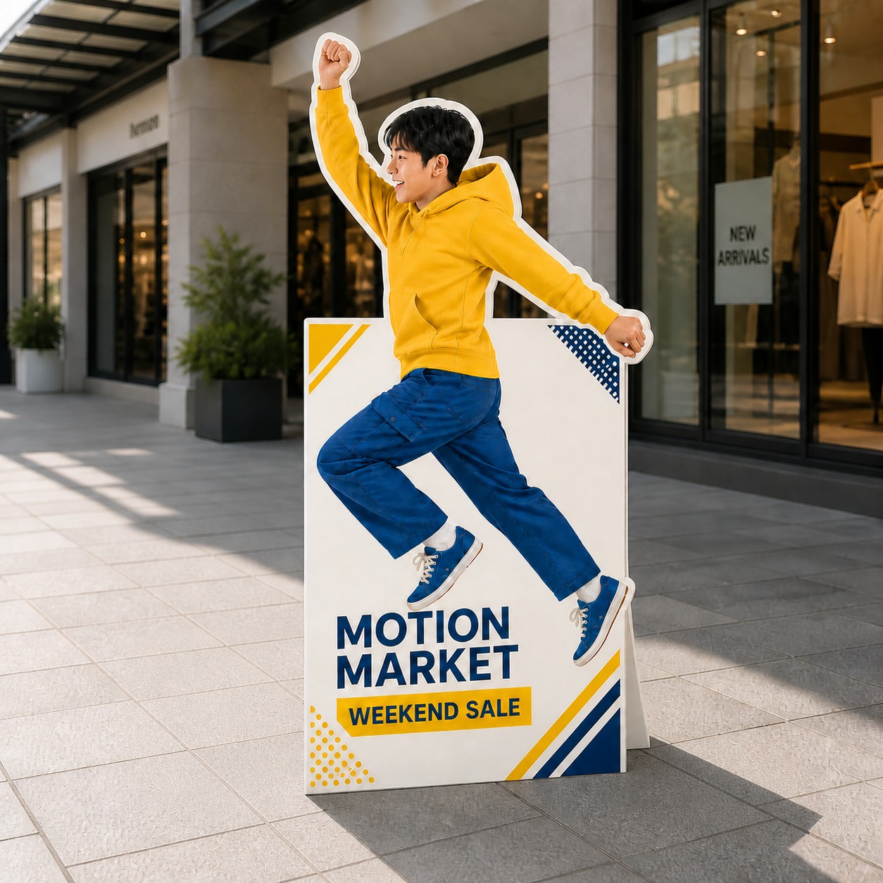 Point of sale standee with contour cut, white, yellow and dark blue illustrated figure on rigid matte board, on retail floor near shelving.