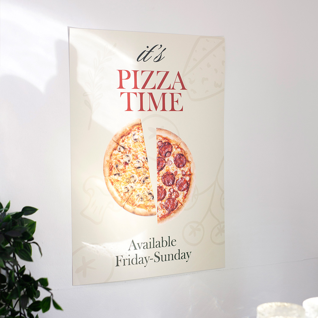 Printed poster on a wall · 200 gsm synthetic stock · CMYK digital print · flat, unmounted