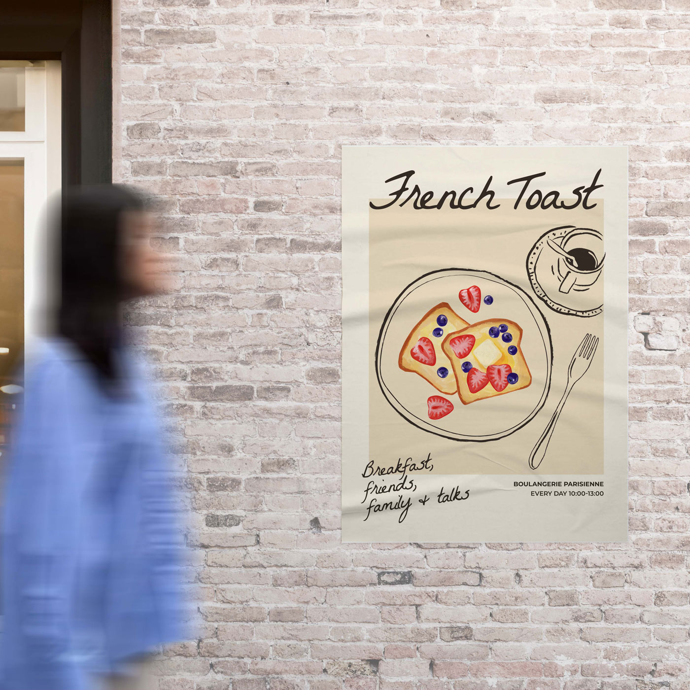 Printed poster displayed in a cafe · 200 gsm synthetic stock · CMYK digital print · flat, unmounted