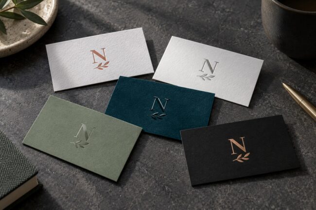 Five business cards fanned on charcoal slate with sprig monograms in terracotta ink, silver, raised clear gloss, tone on tone gloss and copper foil.
