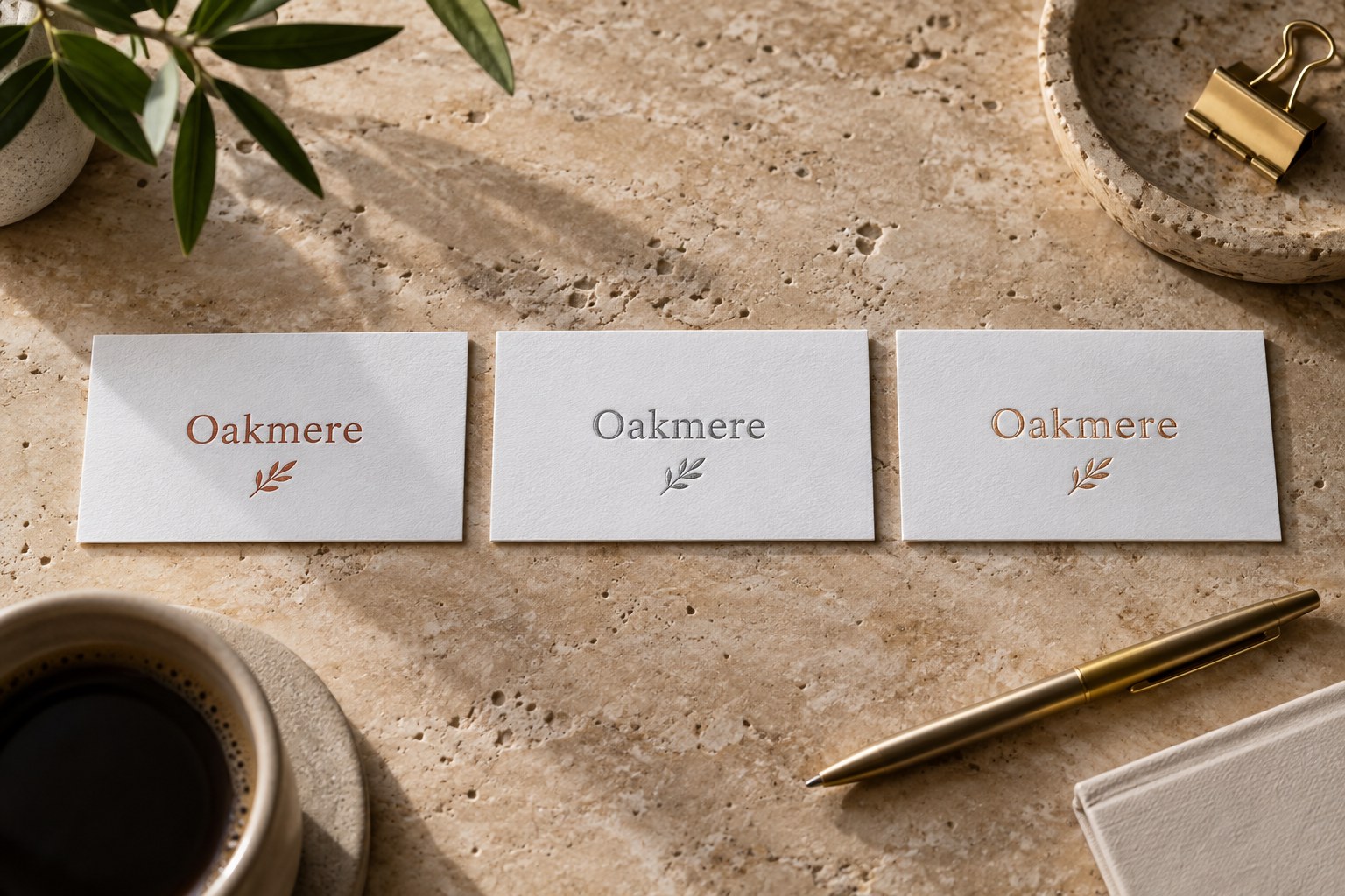Three white cotton business cards on warm travertine with a printed name and leaf sprig in terracotta ink, silver foil and raised rose gold foil.