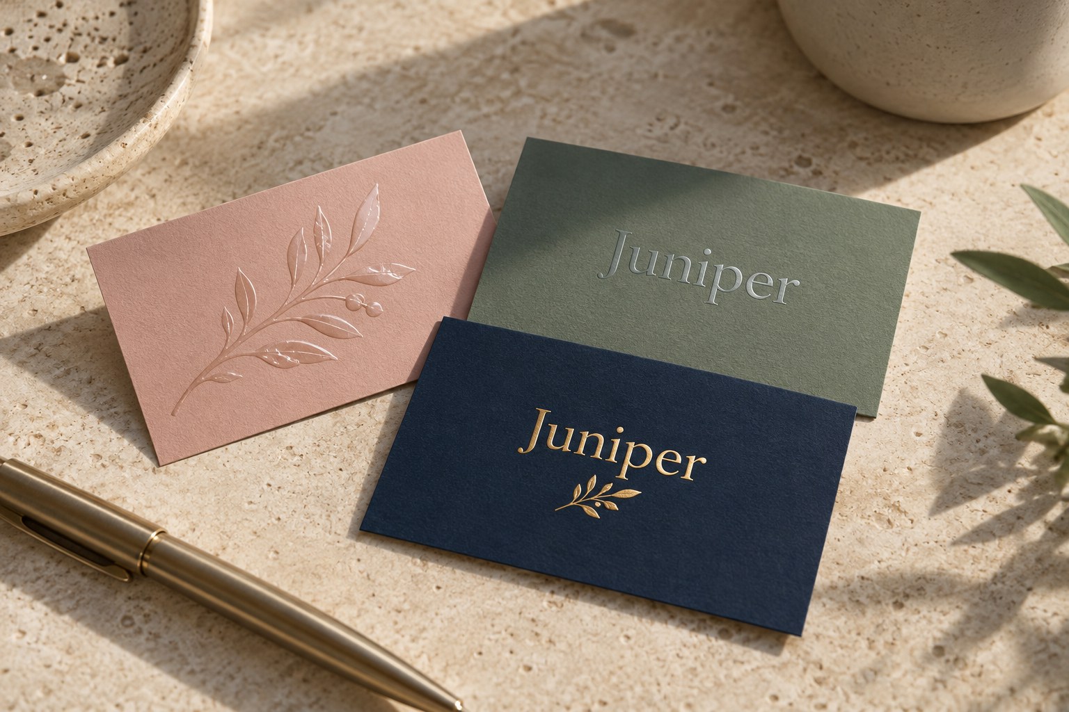 Three textured business cards on pale travertine in dusty pink, sage green and navy, with raised botanical sprig, subtle gloss and raised gold foil.