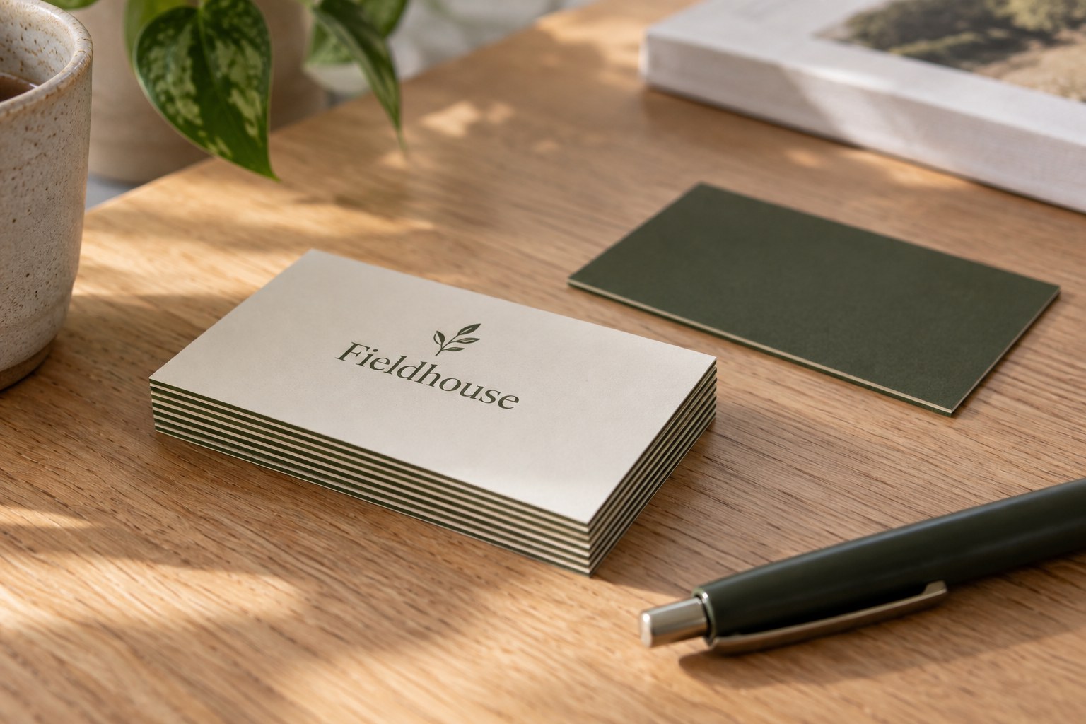 A stack of duplex business cards on light oak with alternating cream and olive cut edges and a cream top card printed with a sprig in dark olive.