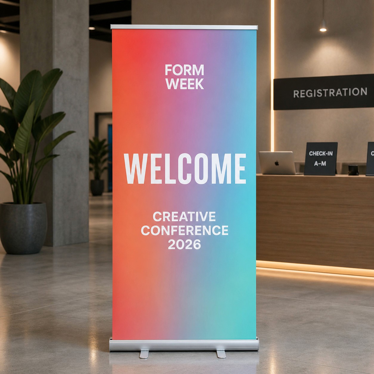 Pull up banner with orange to cyan gradient print, silver anodised cassette base with white feet in a conference venue with concrete pillars
