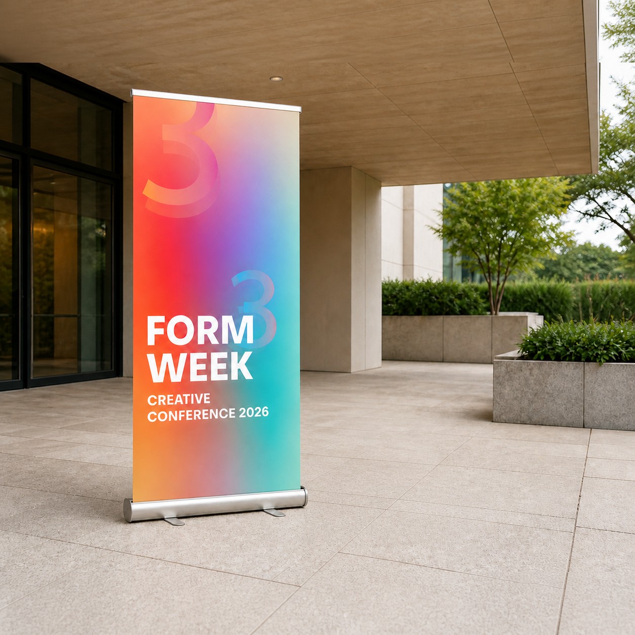 Pull up banner with orange to cyan gradient print, silver anodised cassette base, telescopic support pole in an outdoor courtyard, full view
