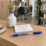 Appointment card stack on a pale oak salon reception desk with sage green salon name and blue pen date and time