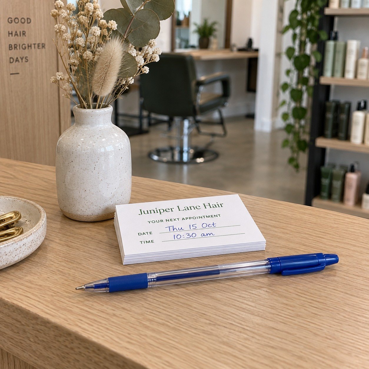 Appointment card stack on a pale oak salon reception desk with sage green salon name and blue pen date and time