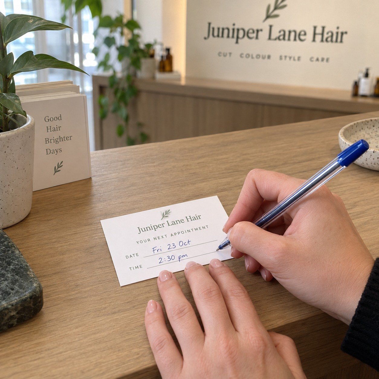 Hand writing a time in blue ballpoint pen on the ruled time line of an appointment card on an oak reception desk